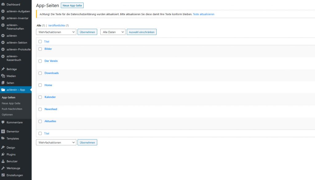 Vereins-App - Bearbeitung der Inhalte in WordPress-Admin
